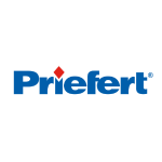 A blue bold text logo for Priefert where the dot in the "i" is a red diamond.