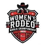 A red and black shield emblem with a cartoon silhouette of a cowgirl at the top featuring the words "Women's Rodeo World Championship 2025."